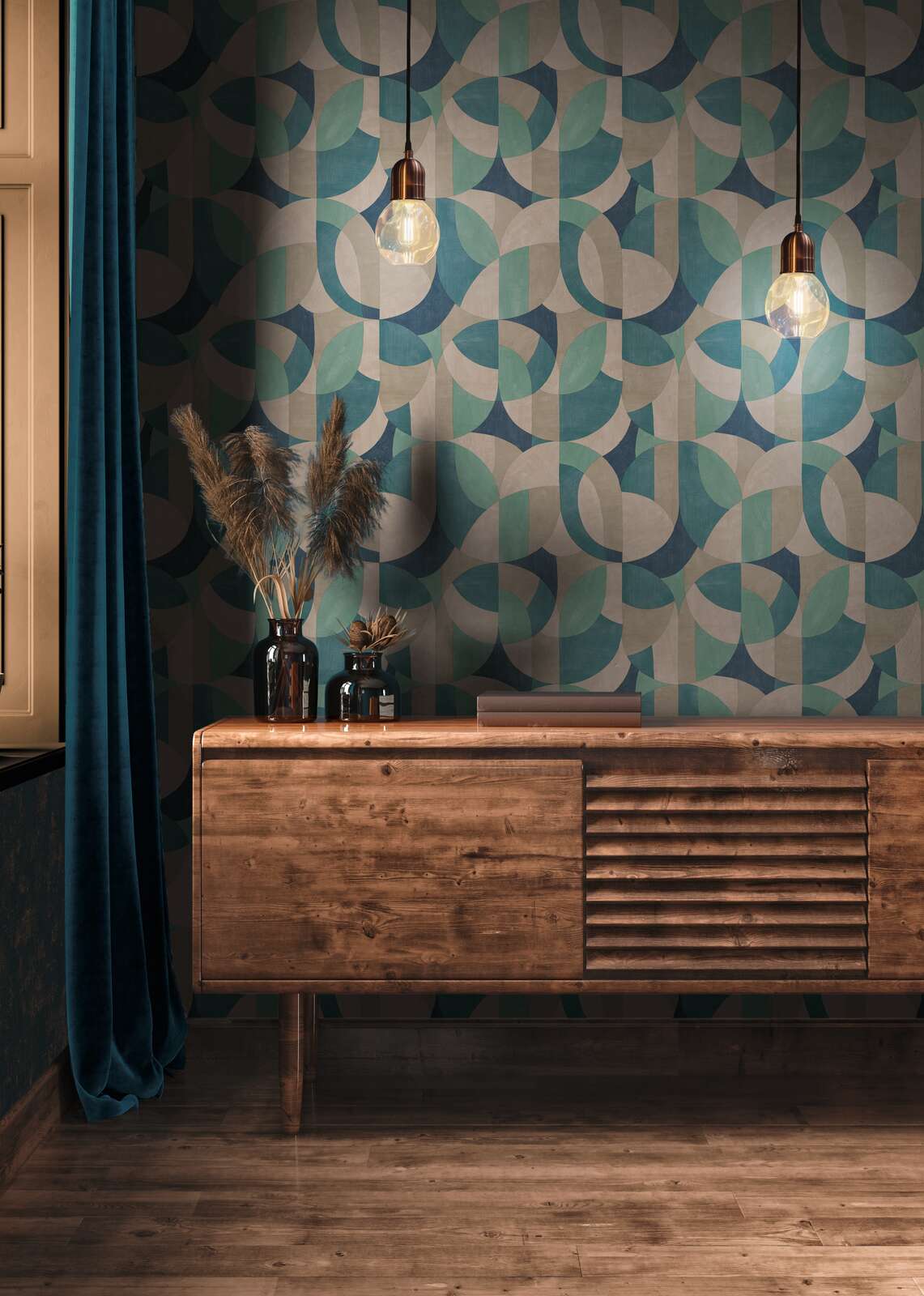 AS Creation French Affair 399322 living room scene with geometric Beige, Blue, Cream, Green, Turquoise wallpaper behind a wooden sideboard and two pendant lights.