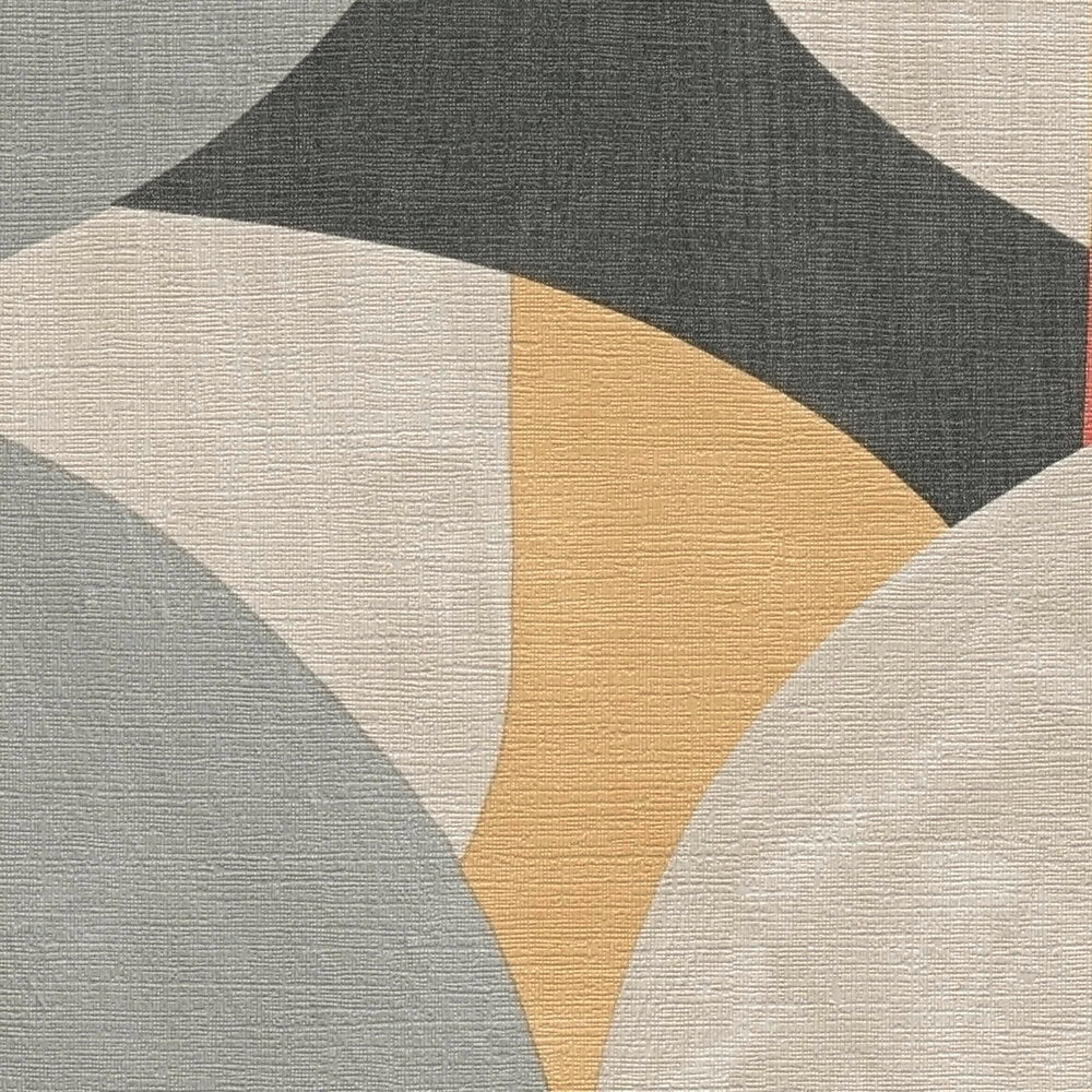 AS Creation French Affair 399323 close up of wallpaper with overlapping abstract curved shapes in Beige, Black, Grey, and a small Red accent.