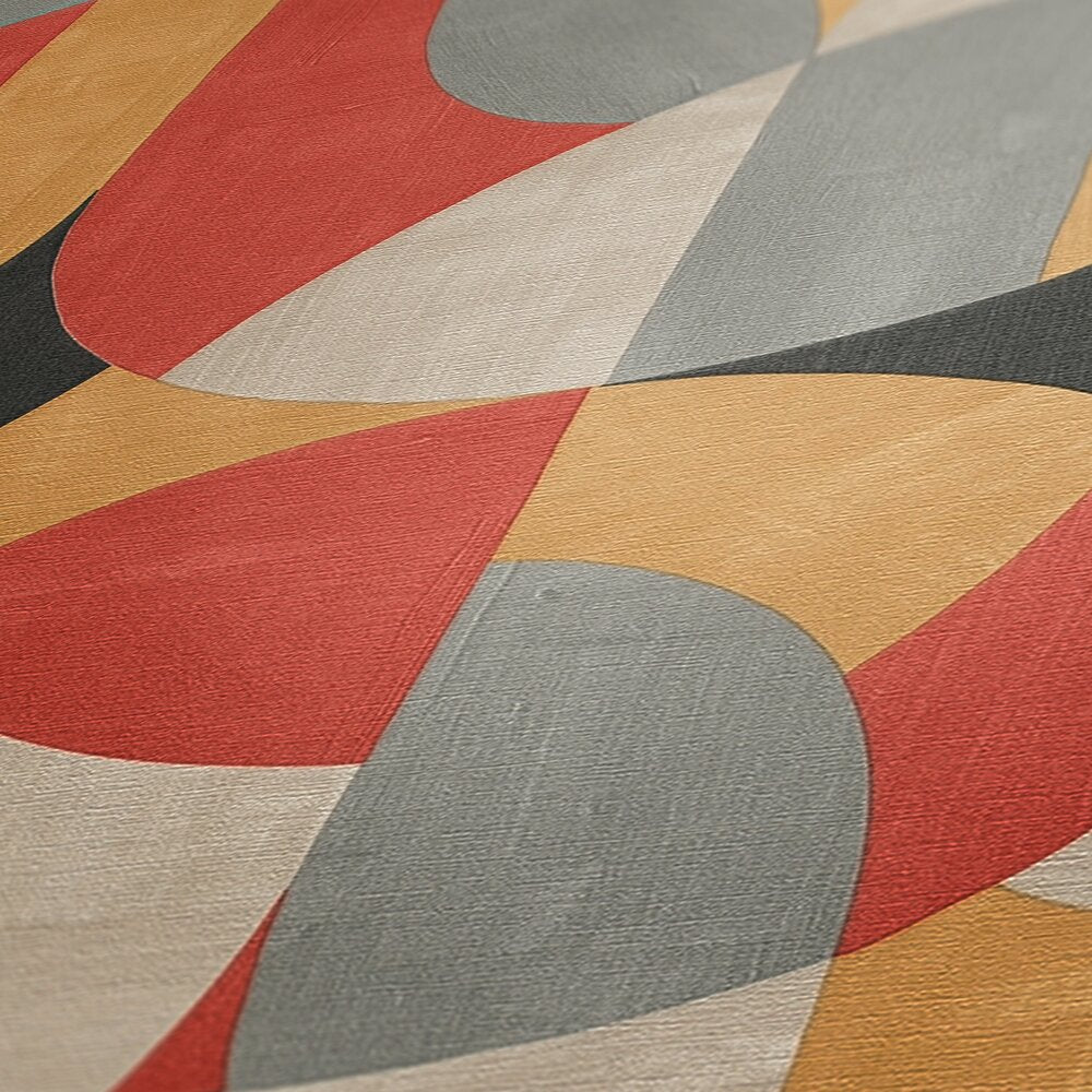 AS Creation French Affair 399323 close up of wallpaper with an abstract geometric pattern of overlapping curved shapes in Beige, Black, Grey, and Red.