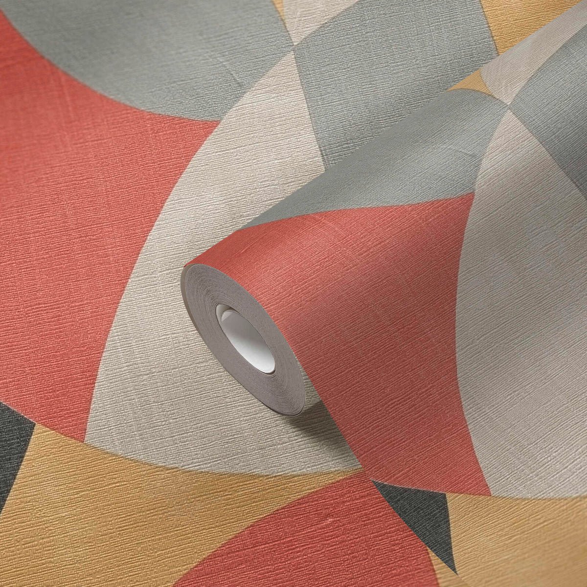 AS Creation French Affair 399323 wallpaper roll showing an abstract geometric pattern with curved shapes and a textured surface in Beige, Black, Grey, and Red.