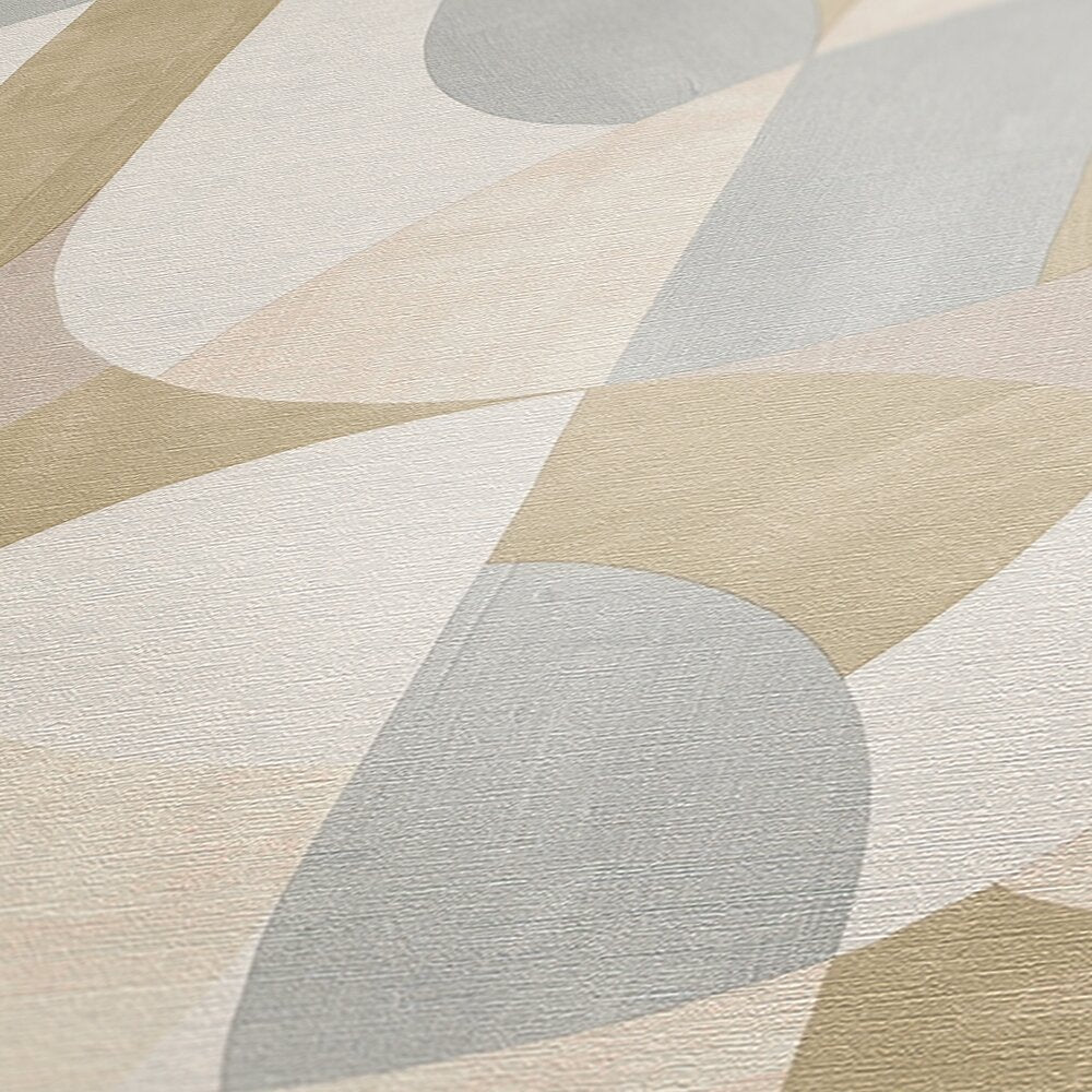 AS Creation French Affair 399324 close up of wallpaper showing overlapping abstract geometric shapes in Beige, Cream, and Grey with a subtle textured finish.