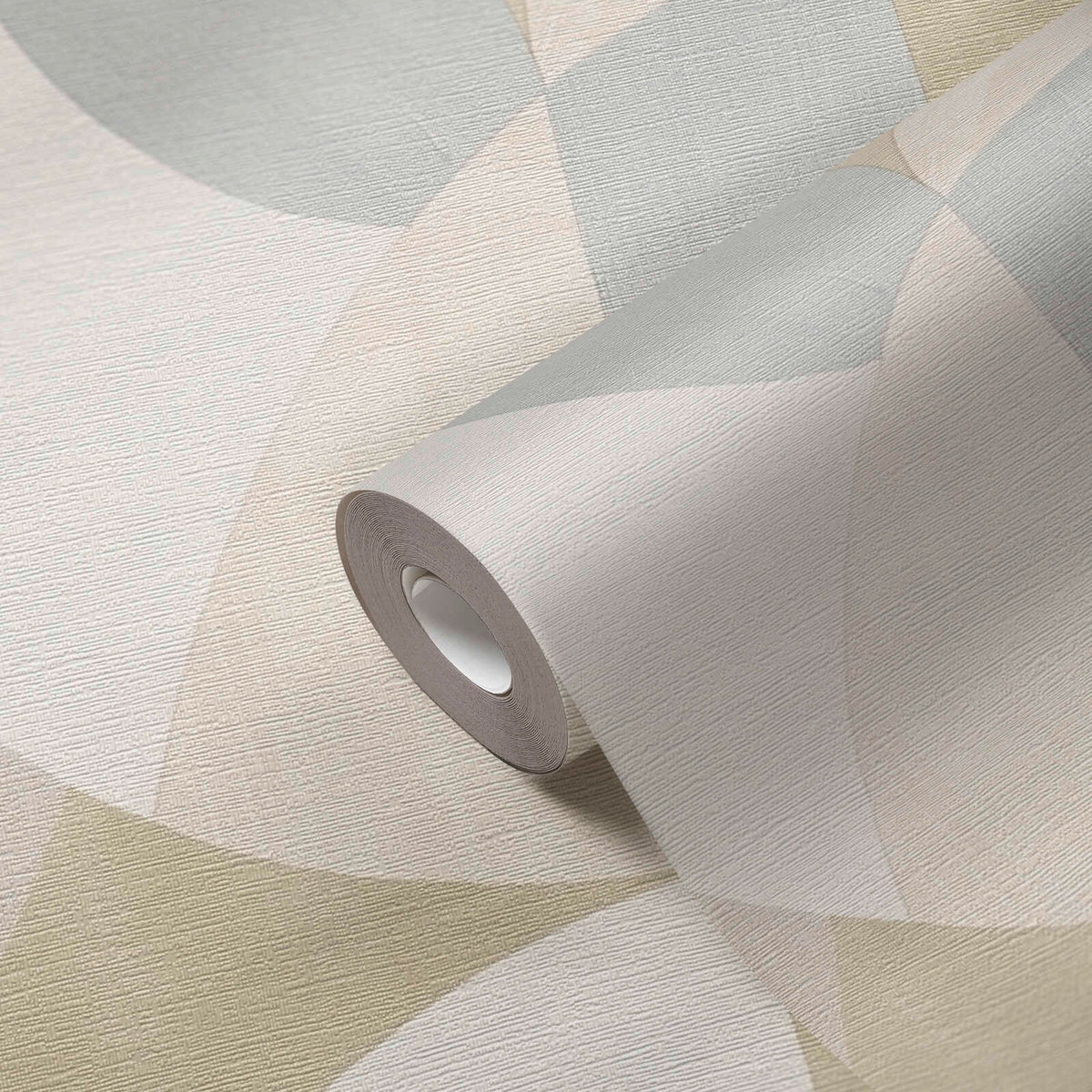 AS Creation French Affair 399324 textured wallpaper roll showing overlapping curved geometric shapes in Beige, Cream, Grey on the matching unrolled.