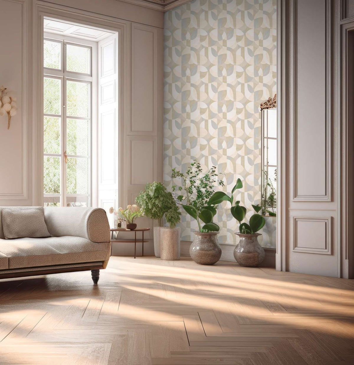 AS Creation French Affair 399324 living room with geometric wallpaper in Beige, Cream, Grey, shown beside a light sofa and potted plants.