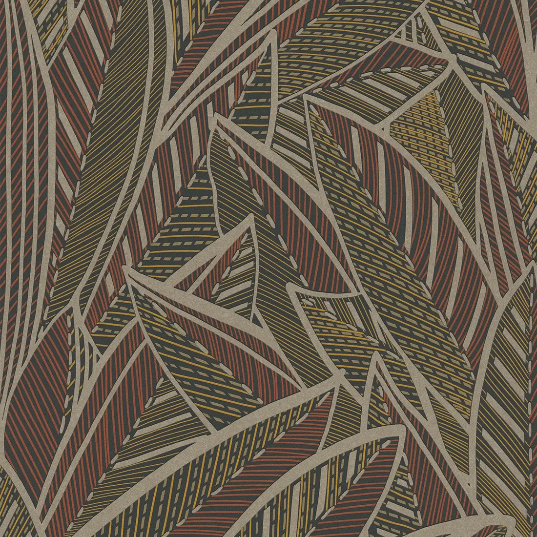 AS Creation French Affair 399331 graphic leafy wallpaper in beige, black, and brown with gold and red accents, embossed nonwoven texture