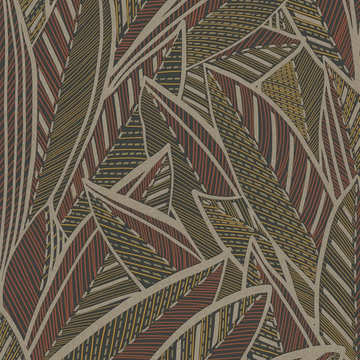 AS Creation French Affair 399331 graphic leafy wallpaper in beige, black, and brown with gold and red accents, embossed nonwoven texture