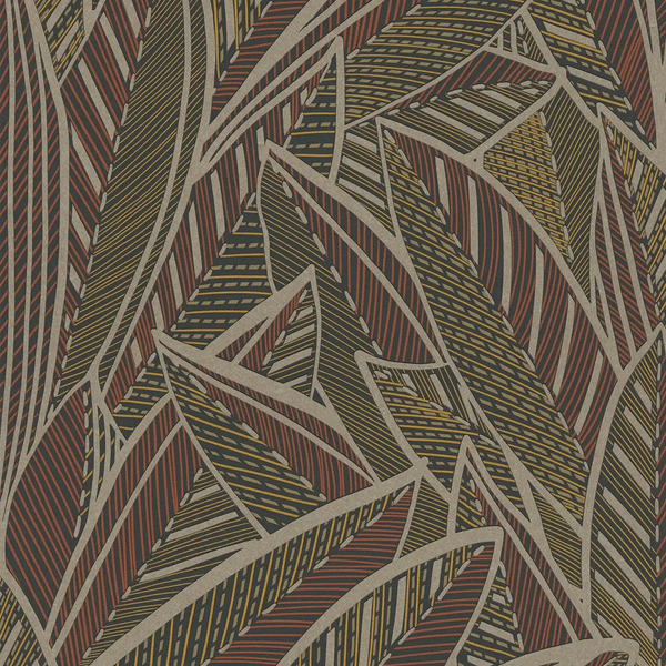 AS Creation French Affair 399331 graphic leafy wallpaper in beige, black, and brown with gold and red accents, embossed nonwoven texture