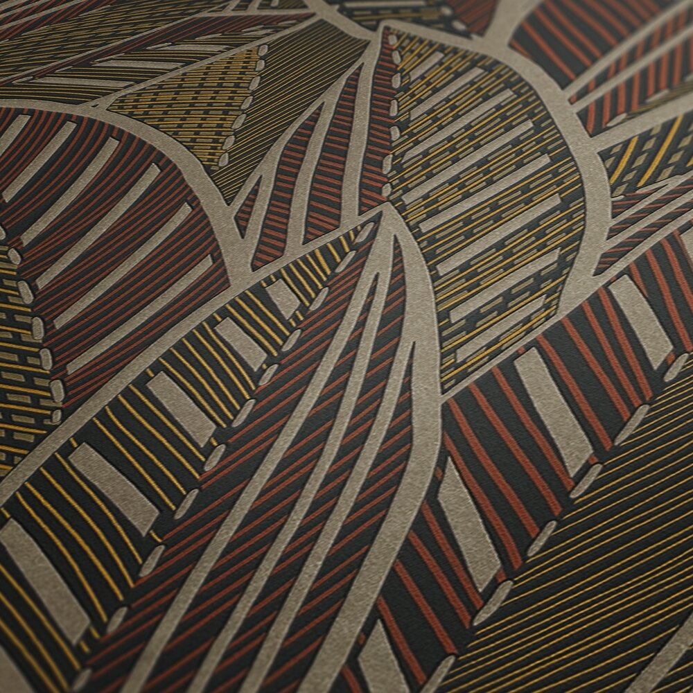 AS Creation French Affair 399331 close up of wallpaper with intersecting curved bands filled with striped and dashed details in Beige, Black, Brown, Gold, Red, and Yellow.