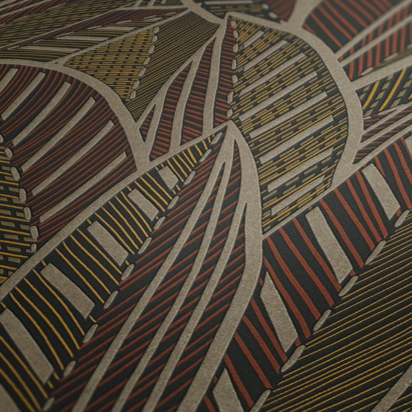 AS Creation French Affair 399331 close up of wallpaper with intersecting curved bands filled with striped and dashed details in Beige, Black, Brown, Gold, Red, and Yellow.