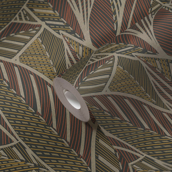 AS Creation French Affair 399331 wallpaper roll resting on a geometric leaf pattern with striped and hatched lines in Beige, Black, Brown, Gold, Red, Yellow.