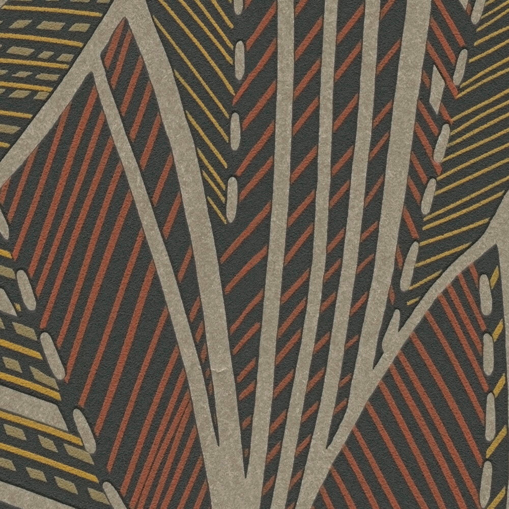 AS Creation French Affair 399331 close up of wallpaper with a geometric leaf like pattern featuring diagonal stripes and dotted accents in Beige, Black, Brown, Gold, Red, Yellow.