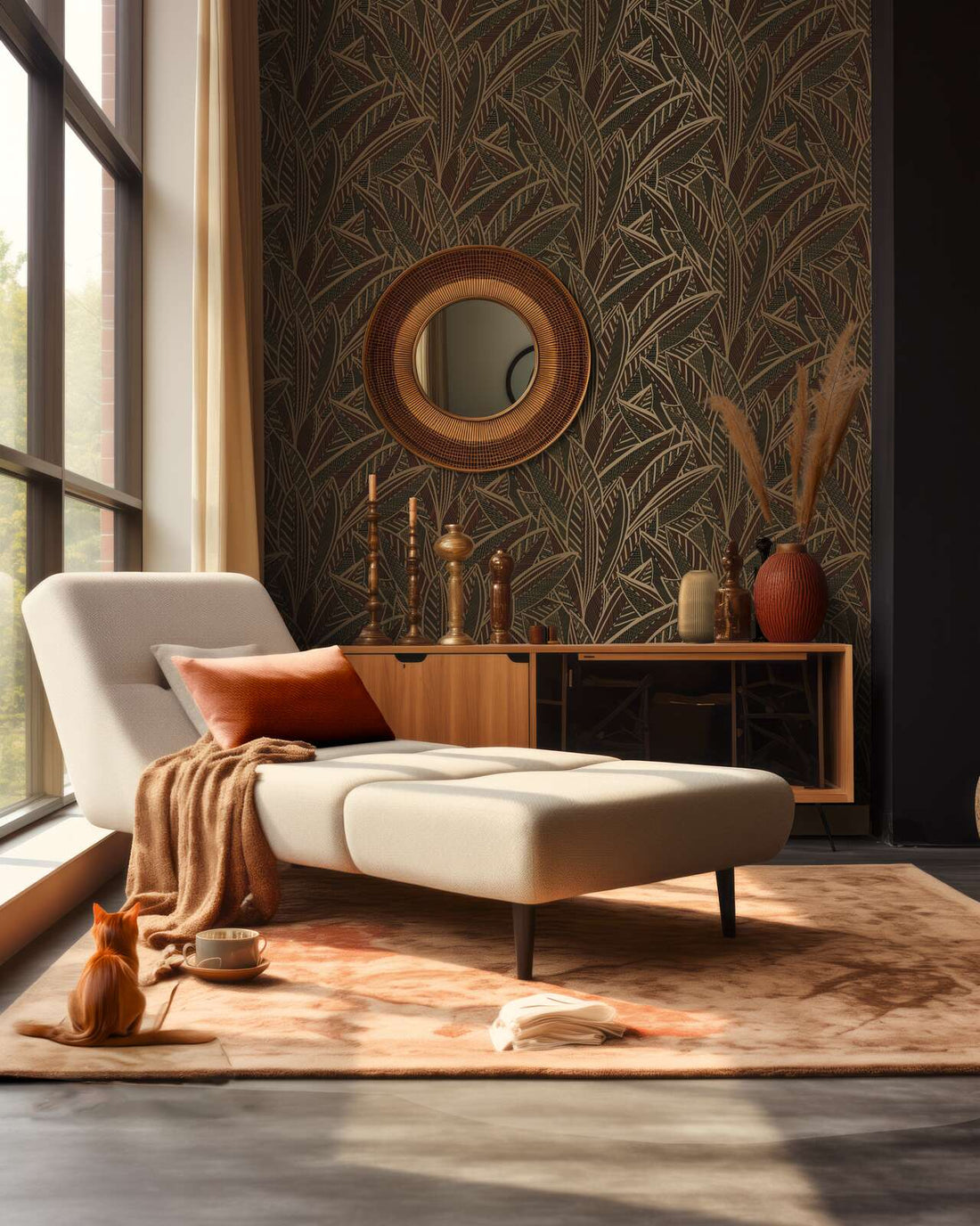 AS Creation French Affair 399331 living room with botanical leaf wallpaper behind a chaise lounge and a wooden sideboard.