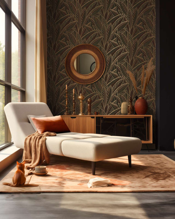 AS Creation French Affair 399331 living room with botanical leaf wallpaper behind a chaise lounge and a wooden sideboard.