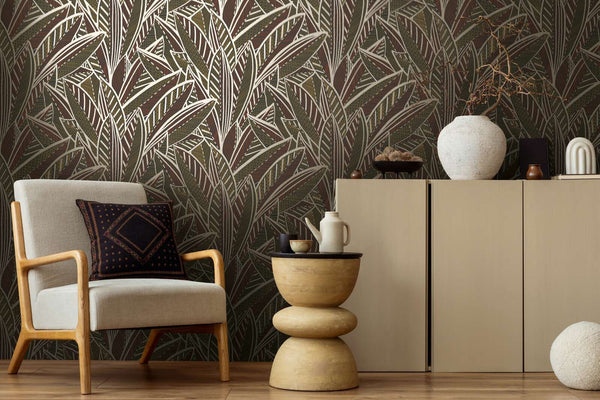 AS Creation French Affair 399331 large layered leaf motif with fine linear and hatched detailing; colorway uses Beige, Black, Brown, wallpaper on a living room feature wall.