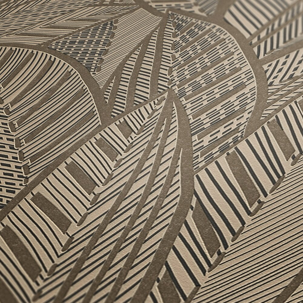 AS Creation French Affair 399332 close up of wallpaper showing an abstract geometric leaf design made of striped and dashed lines in Black, Gold, Metallic.