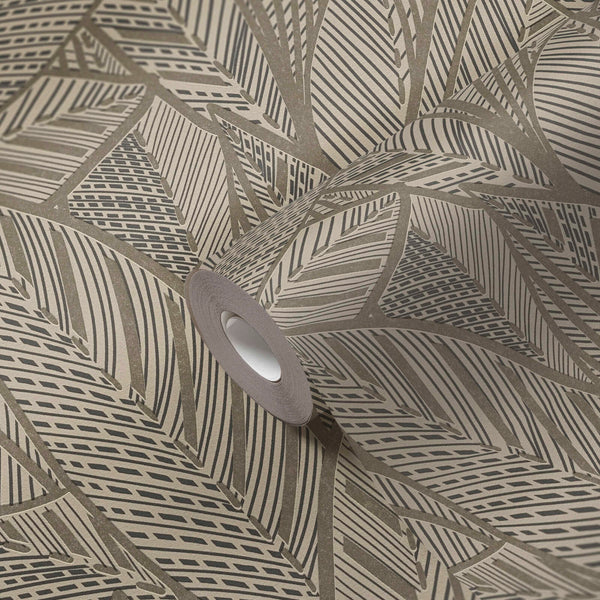 AS Creation French Affair 399332 wallpaper roll on an abstract leaf pattern with angled stripes and dotted sections in Black, Gold, Metallic.