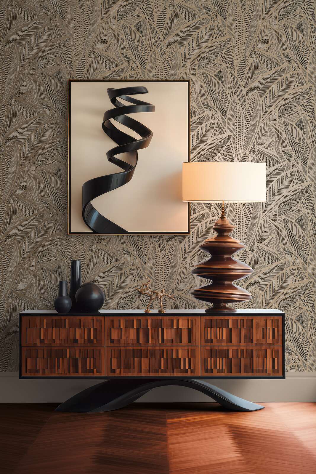 AS Creation French Affair 399332 a living room with Black, Gold, Metallic leaf pattern wallpaper behind a wooden sideboard and a table lamp.