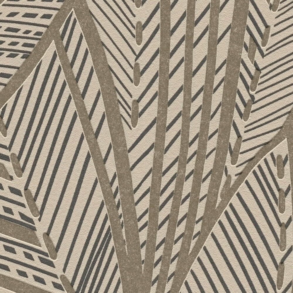 AS Creation French Affair 399332 close up of wallpaper showing a stylized leaf motif with diagonal black lines and gold metallic elements.