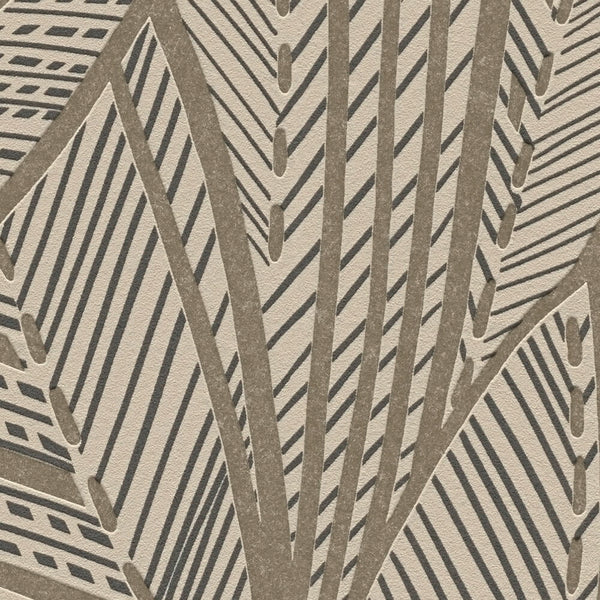 AS Creation French Affair 399332 close up of wallpaper showing a stylized leaf motif with diagonal black lines and gold metallic elements.
