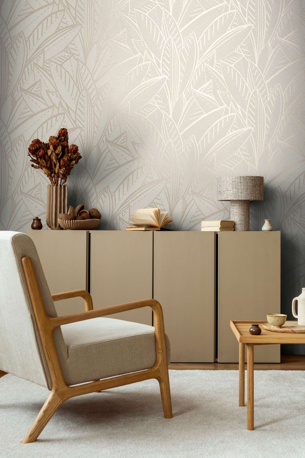 AS Creation French Affair 399333 stylized leaf motif with fine linear detailing in Grey, White wallpaper on a living room feature wall.