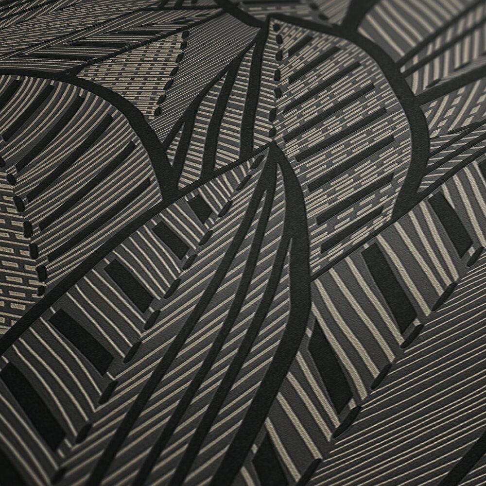 AS Creation French Affair 399334 close up of wallpaper showing a black and metallic gold striped geometric leaf pattern.