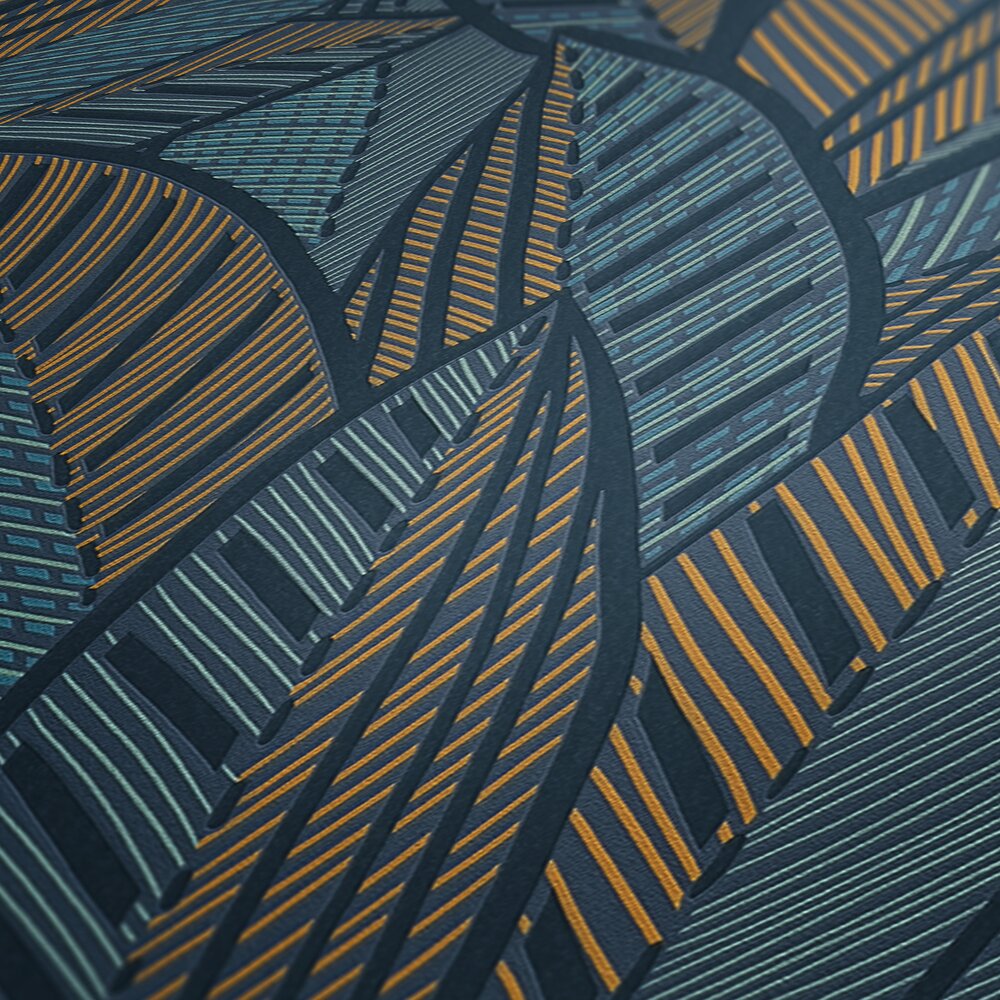 AS Creation French Affair 399335 close up of wallpaper showing abstract overlapping leaf like shapes with fine linear stripes in Blue, Green, Turquoise, and Yellow.