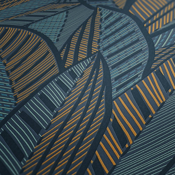 AS Creation French Affair 399335 close up of wallpaper showing abstract overlapping leaf like shapes with fine linear stripes in Blue, Green, Turquoise, and Yellow.