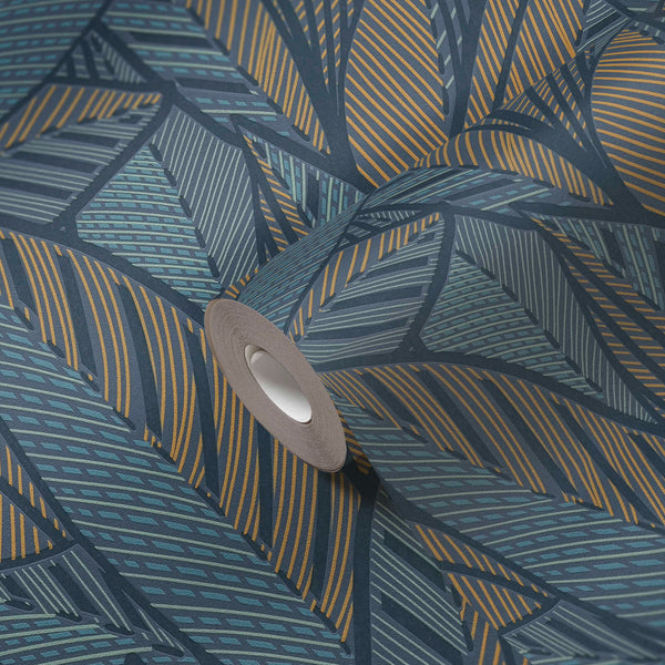 AS Creation French Affair 399335 close up of an angled wallpaper roll on a graphic striped leaf pattern in Blue, Green, Turquoise, and Yellow.