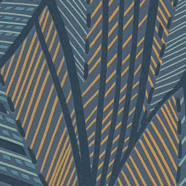 AS Creation French Affair 399335 close up of wallpaper showing a geometric leaf pattern with diagonal stripes and dash details in Blue, Green, Turquoise, and Yellow.