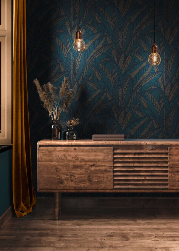 AS Creation French Affair 399335 living room with leaf motif wallpaper, a wooden sideboard, and two pendant lights.
