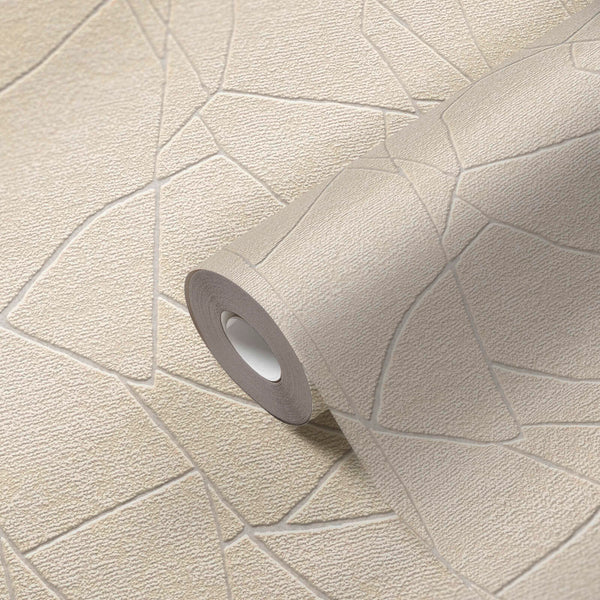 AS Creation French Affair 399342 wallpaper roll with an abstract irregular geometric line pattern in Beige, Cream, and White, shown partially unrolled.