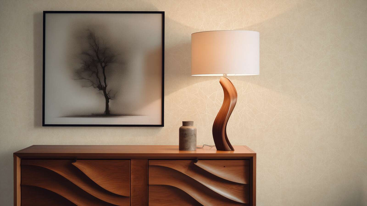 AS Creation French Affair 399342 living room with Beige, Cream, White wallpaper behind a wooden sideboard and a table lamp.