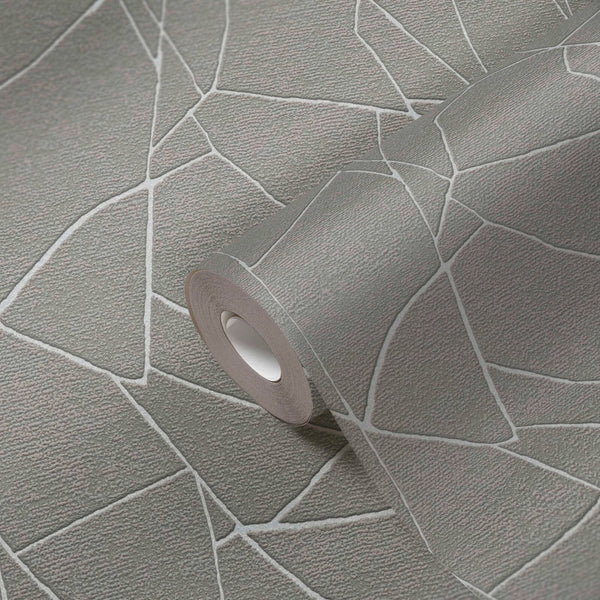 AS Creation French Affair 399343 close up of a wallpaper roll on matching surface showing a grey background with white irregular geometric lines and a textured finish.