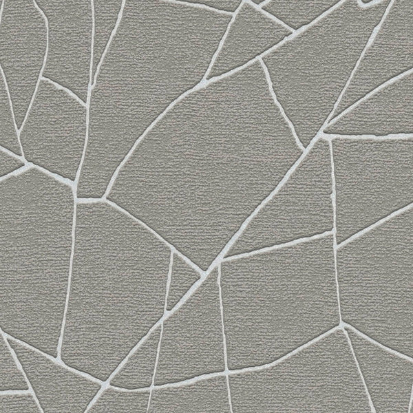 AS Creation French Affair 399343 grey and White wallpaper with irregular shard like geometric lines and a textured surface, shown in close up.