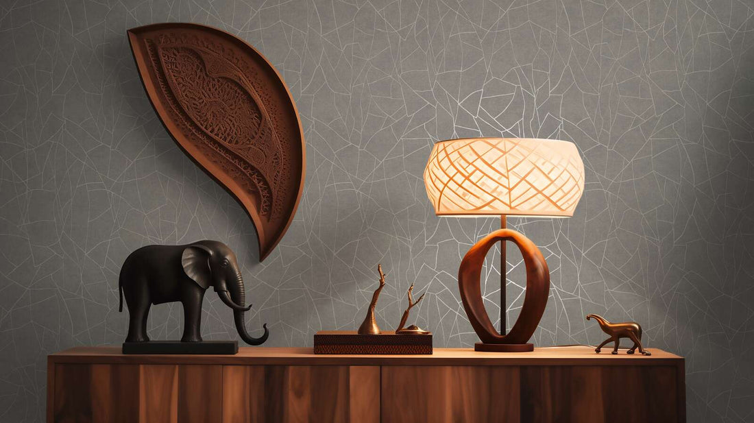 AS Creation French Affair 399343 living room with Grey, White abstract line wallpaper behind a wooden console and a table lamp.