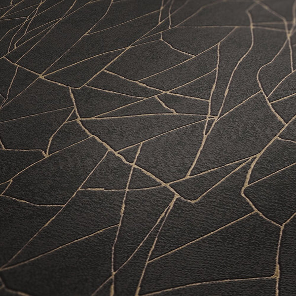 AS Creation French Affair 399344 close up of Black wallpaper with Gold Metallic intersecting lines forming an abstract geometric pattern.