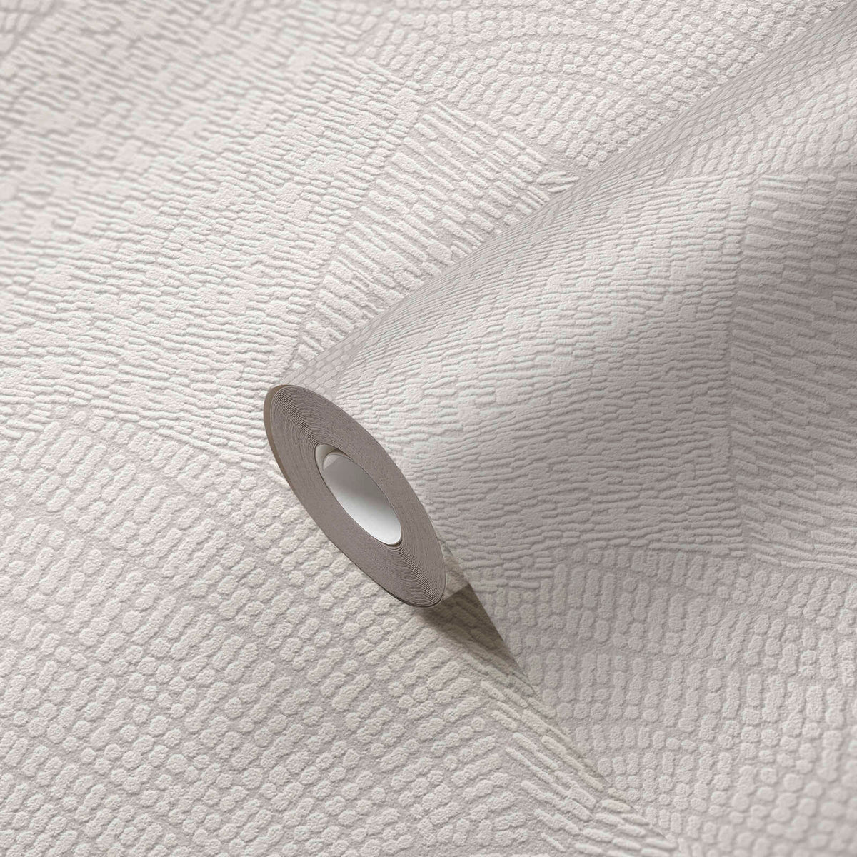 AS Creation French Affair 399351 wallpaper roll in Grey and White with a textured, irregular dash pattern, shown on a matching unrolled sheet.