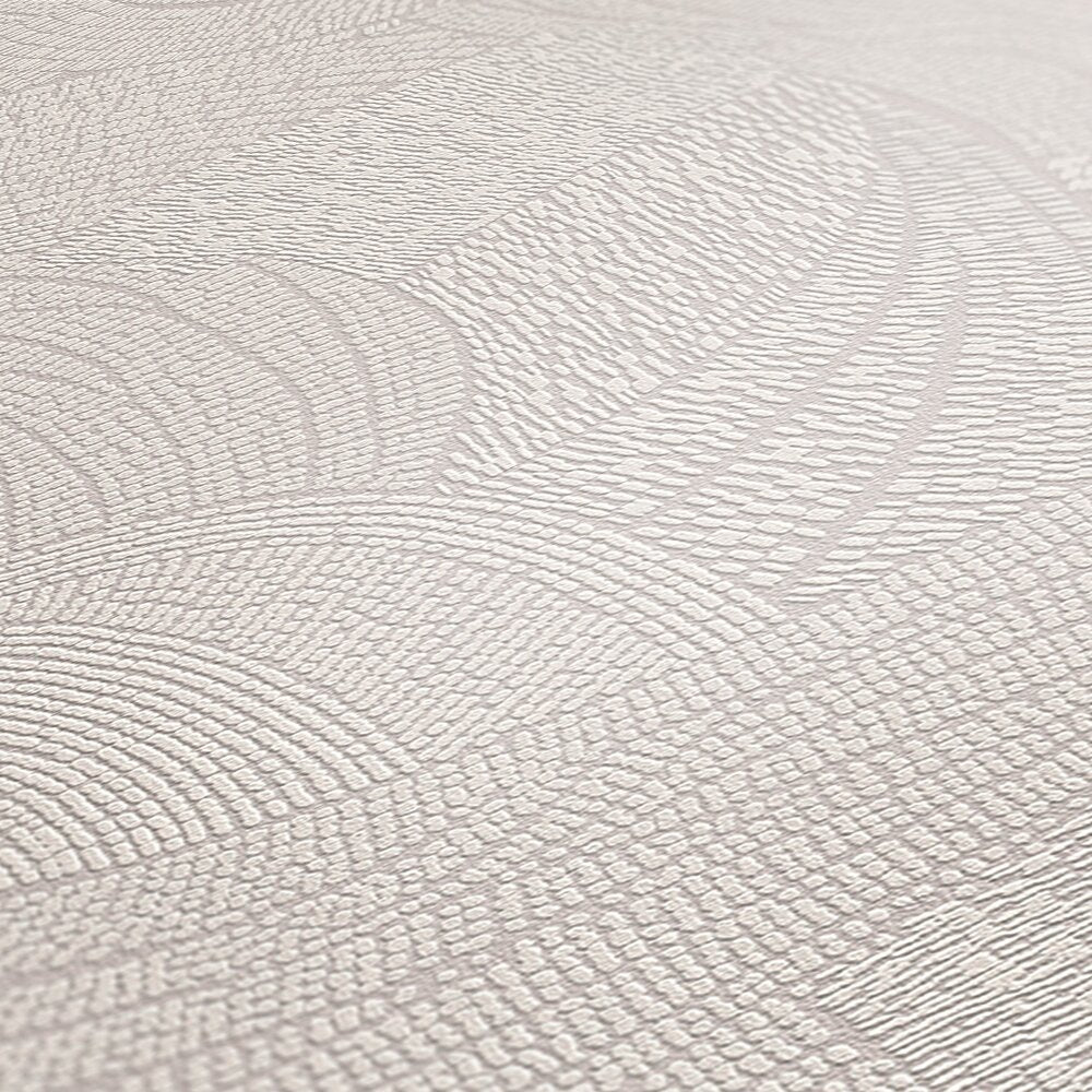AS Creation French Affair 399351 close up of textured wallpaper in Grey, White with overlapping curved bands and a pebble like raised pattern.