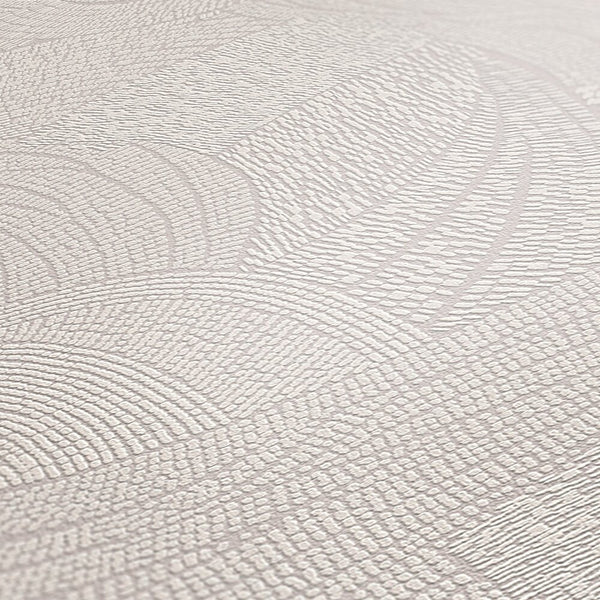 AS Creation French Affair 399351 close up of textured wallpaper in Grey, White with overlapping curved bands and a pebble like raised pattern.