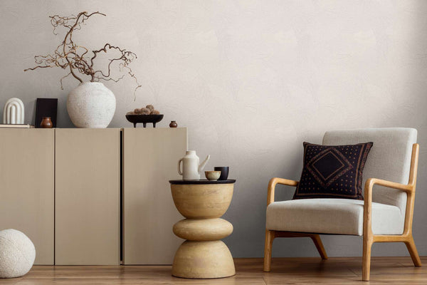 AS Creation French Affair 399351 subtle abstract curved line pattern in Grey and White wallpaper on a living room feature wall.
