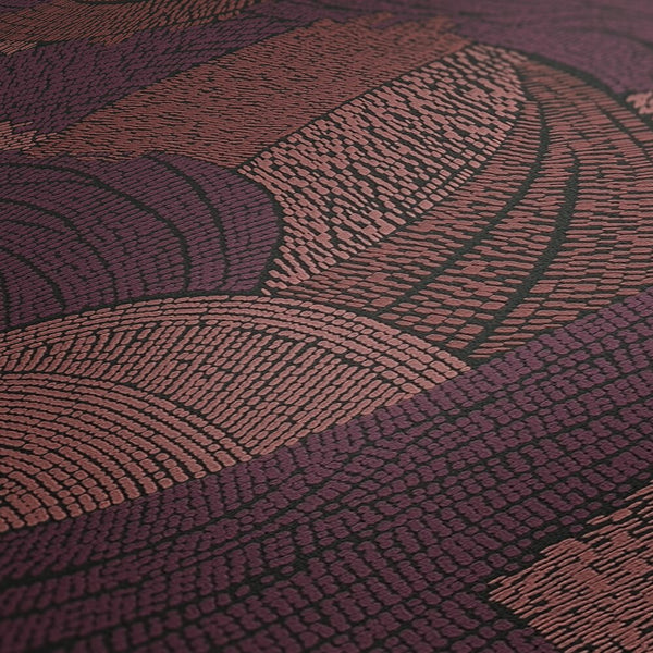 AS Creation French Affair 399352 close up of Red abstract wallpaper with curved bands made of small dashes, showing a textured surface.