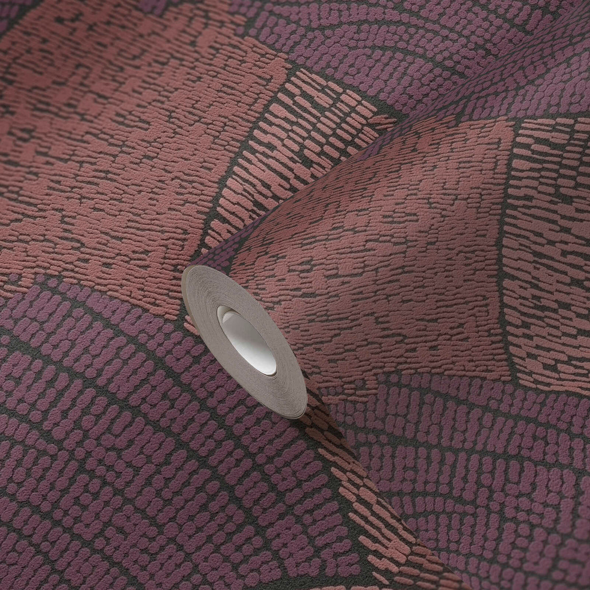 AS Creation French Affair 399352 wallpaper roll on matching surface showing an abstract block pattern of small dash marks and dark dividing lines in Red colorway.
