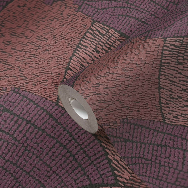 AS Creation French Affair 399352 wallpaper roll on matching surface showing an abstract block pattern of small dash marks and dark dividing lines in Red colorway.