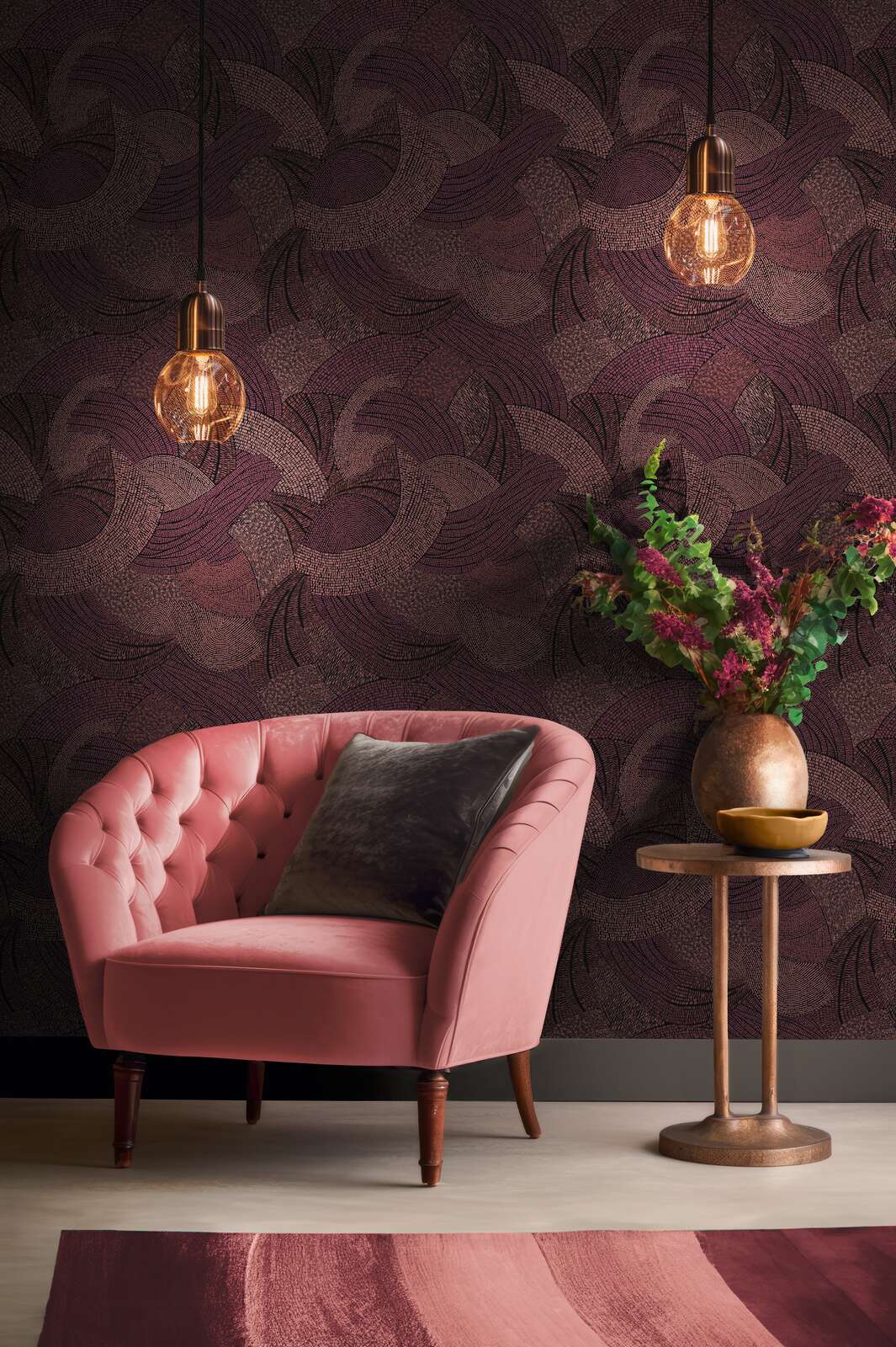 AS Creation French Affair 399352 living room with red patterned wallpaper, a pink tufted armchair and a small round side table.