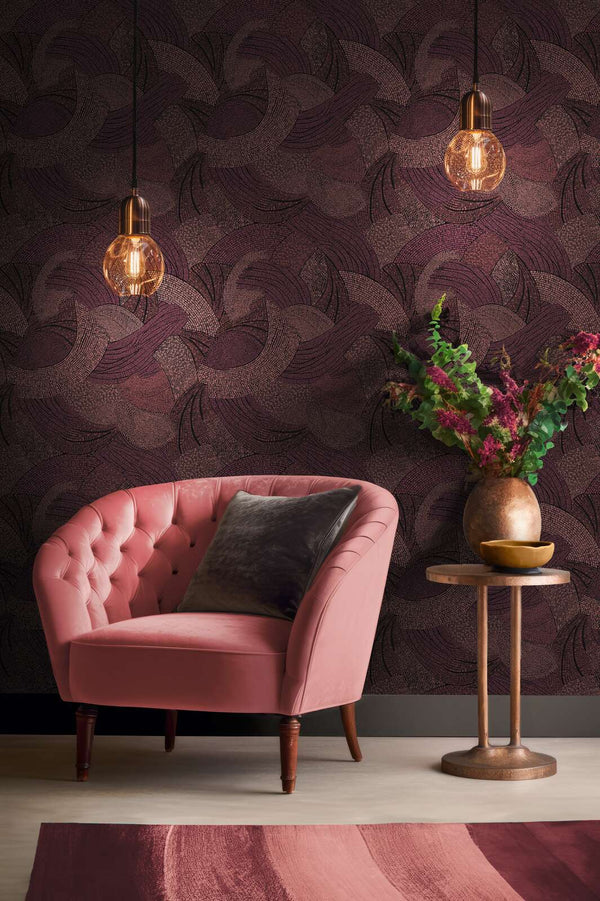 AS Creation French Affair 399352 living room with red patterned wallpaper, a pink tufted armchair and a small round side table.