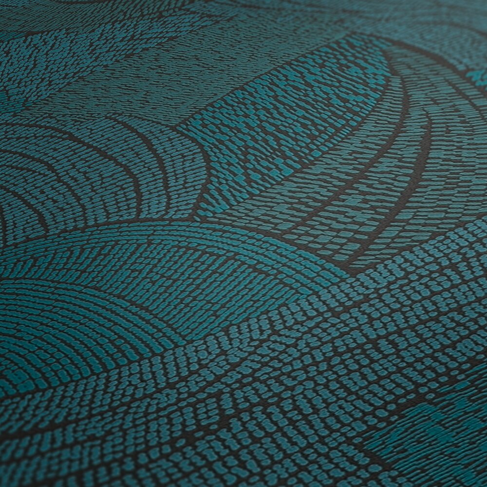AS Creation French Affair 399353 close up of abstract curved bands made of small dots on wallpaper in Black, Blue, Green, and Turquoise.