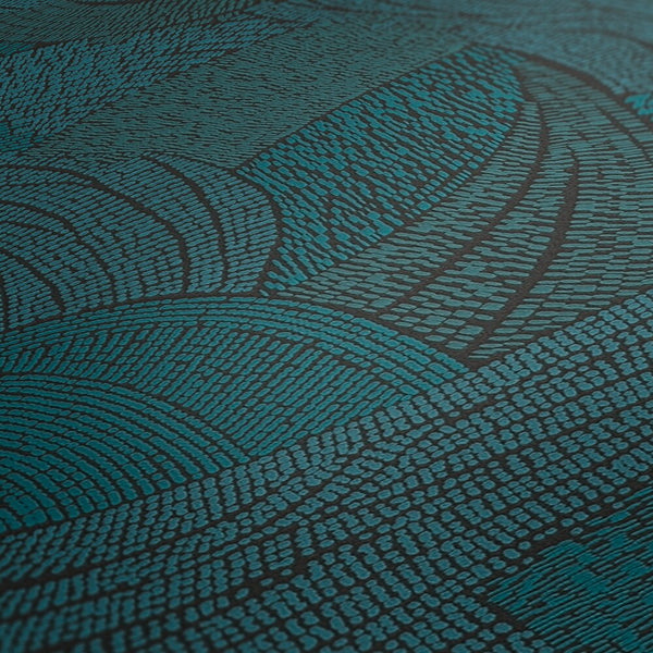 AS Creation French Affair 399353 close up of abstract curved bands made of small dots on wallpaper in Black, Blue, Green, and Turquoise.