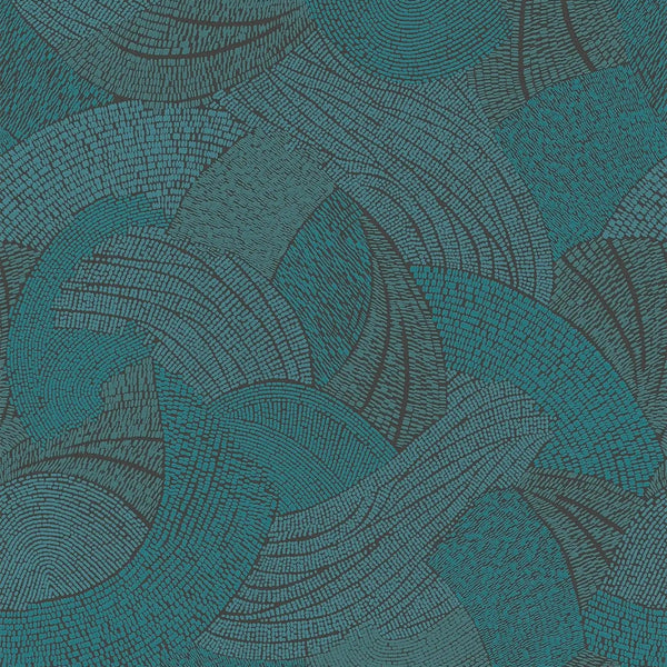 AS Creation French Affair 399353 abstract mosaic arcs in blue and green on a matte black ground with embossed texture.