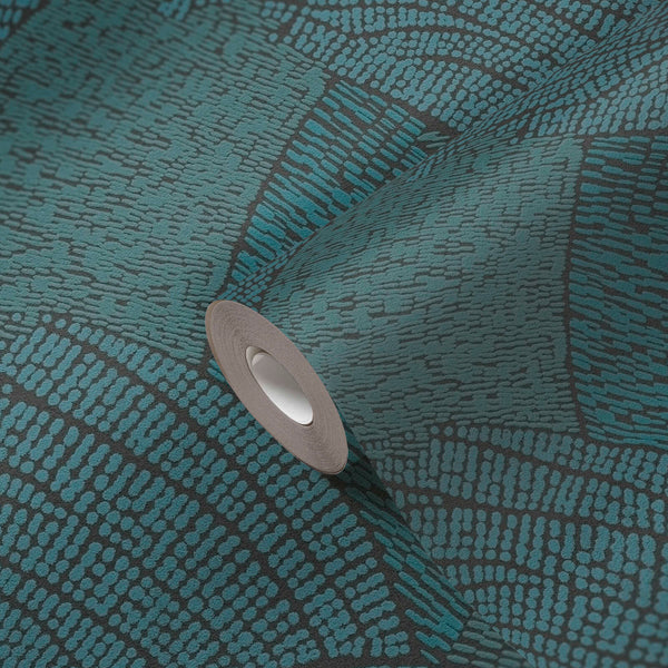 AS Creation French Affair 399353 close up of a wallpaper roll on matching surface showing an abstract dotted and dashed block pattern in Black, Blue, Green, Turquoise.