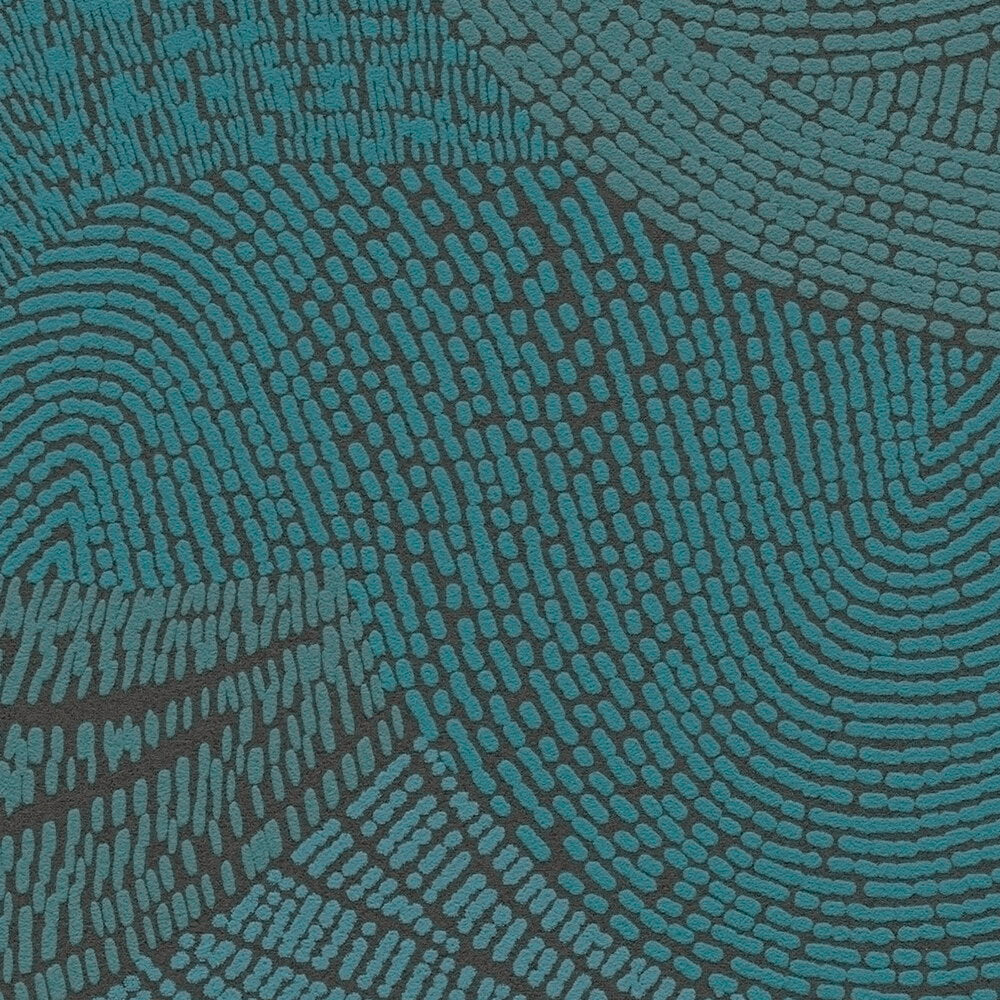 AS Creation French Affair 399353 close up of abstract wallpaper pattern with curved rows of Turquoise dashes on a Black background.