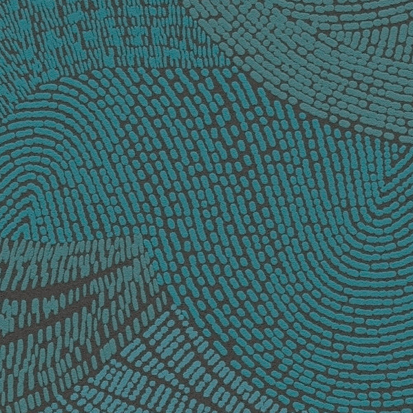 AS Creation French Affair 399353 close up of abstract wallpaper pattern with curved rows of Turquoise dashes on a Black background.